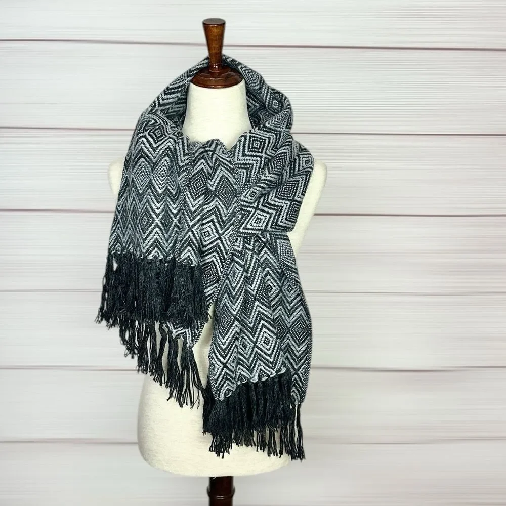 MyE Baby Alpaca Large Scarf Wrap Gray Charcoal Zigzags Fringes Men's Women's